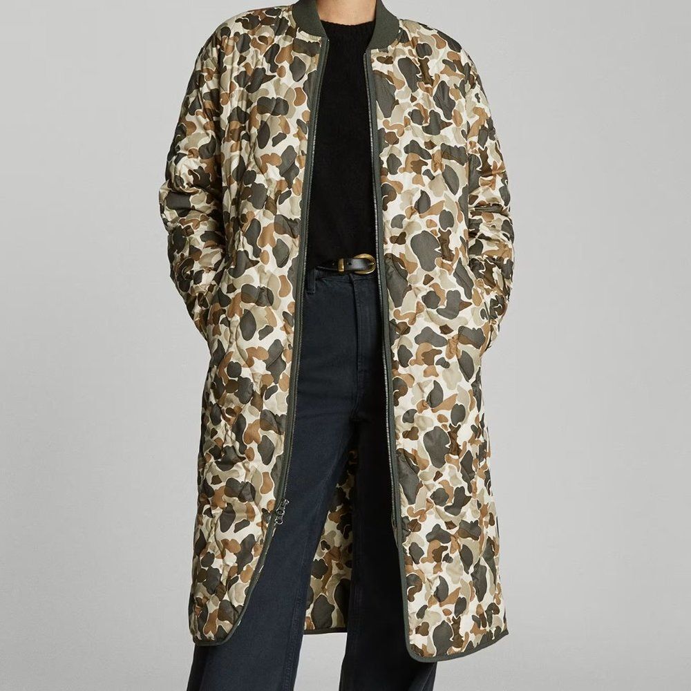 Everlane ReNew Long Liner Jacket Coat Biscotti Camo Green Women's Size XXS